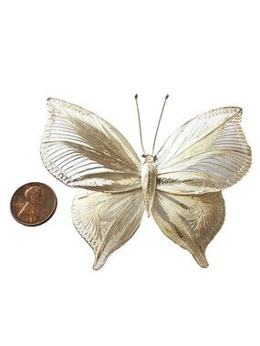 Butterfly Pin Brooch Artisan Filigree Made in Mexico 925 Sterling Silver 3 1/8"